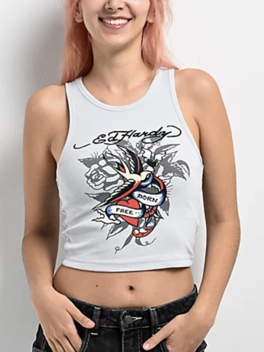 Ed Hardy Blue Graphic Crop Tank with Red & Blue Swallow Sz.L NWT